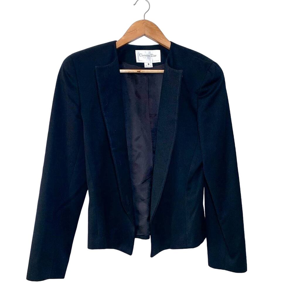 Dior Vintage Fitted Cropped Wool Button Down Padded Blazer Jacket Black US 8